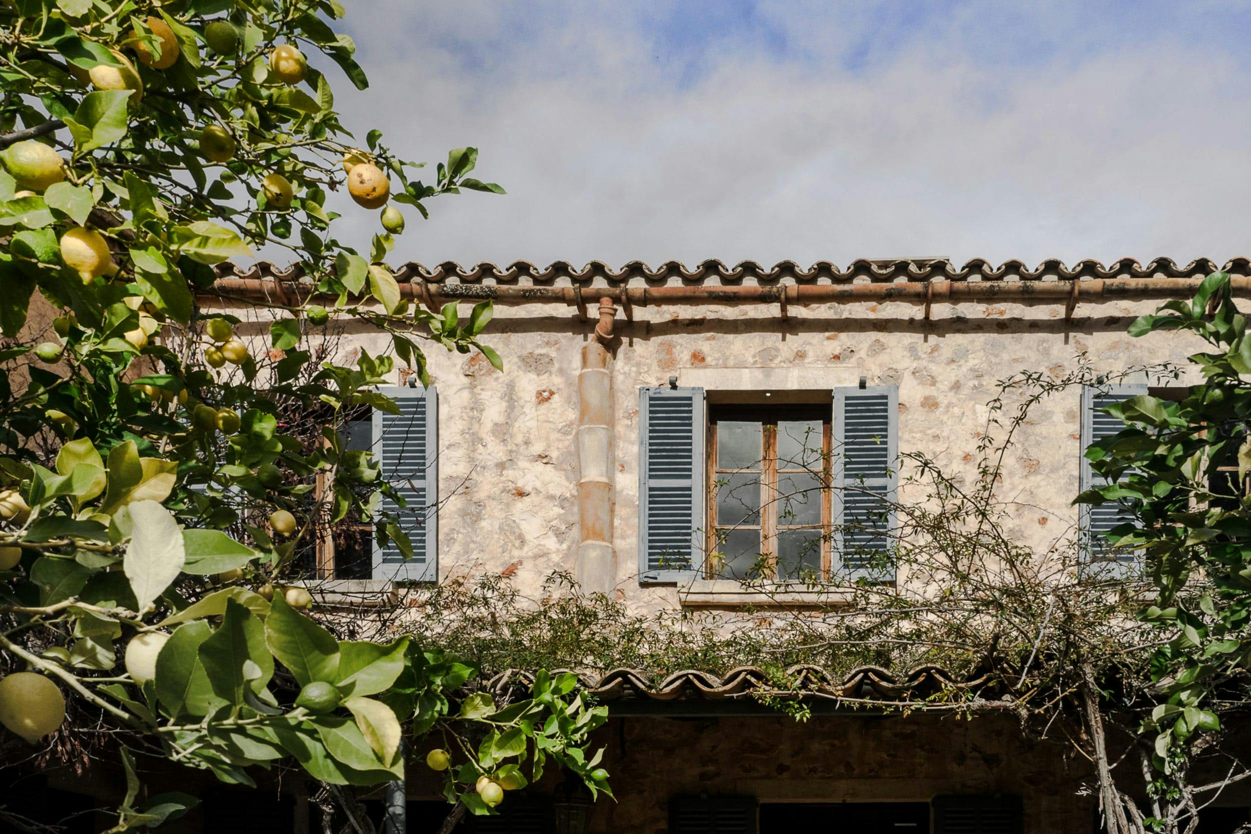 A large, old stone house with a brick facade is surrounded by a lush garden filled with oranges and lemons.