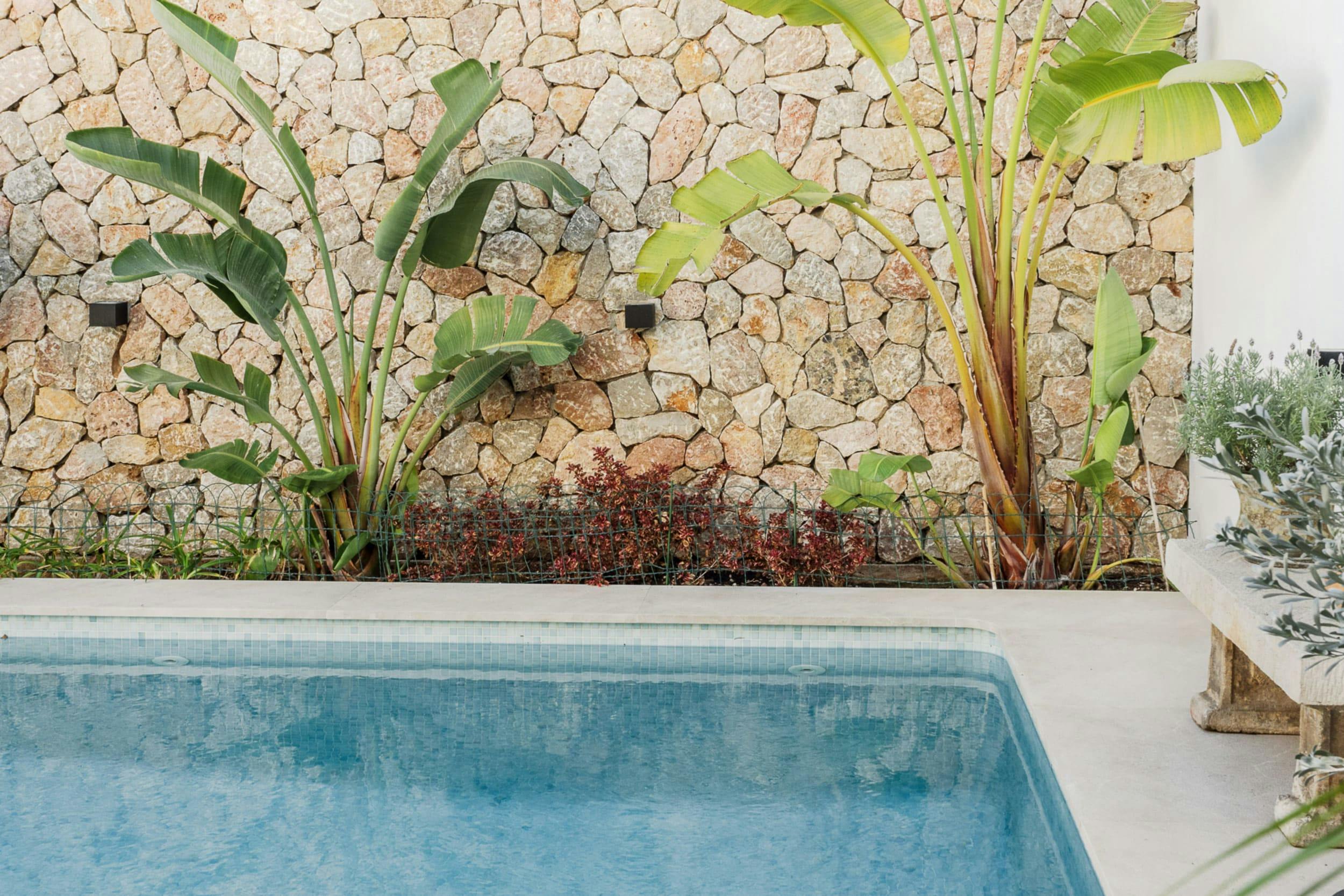 The image features a large, blue swimming pool with a stone wall and a stone fence, surrounded by a lush garden with various plants and potted plants.
