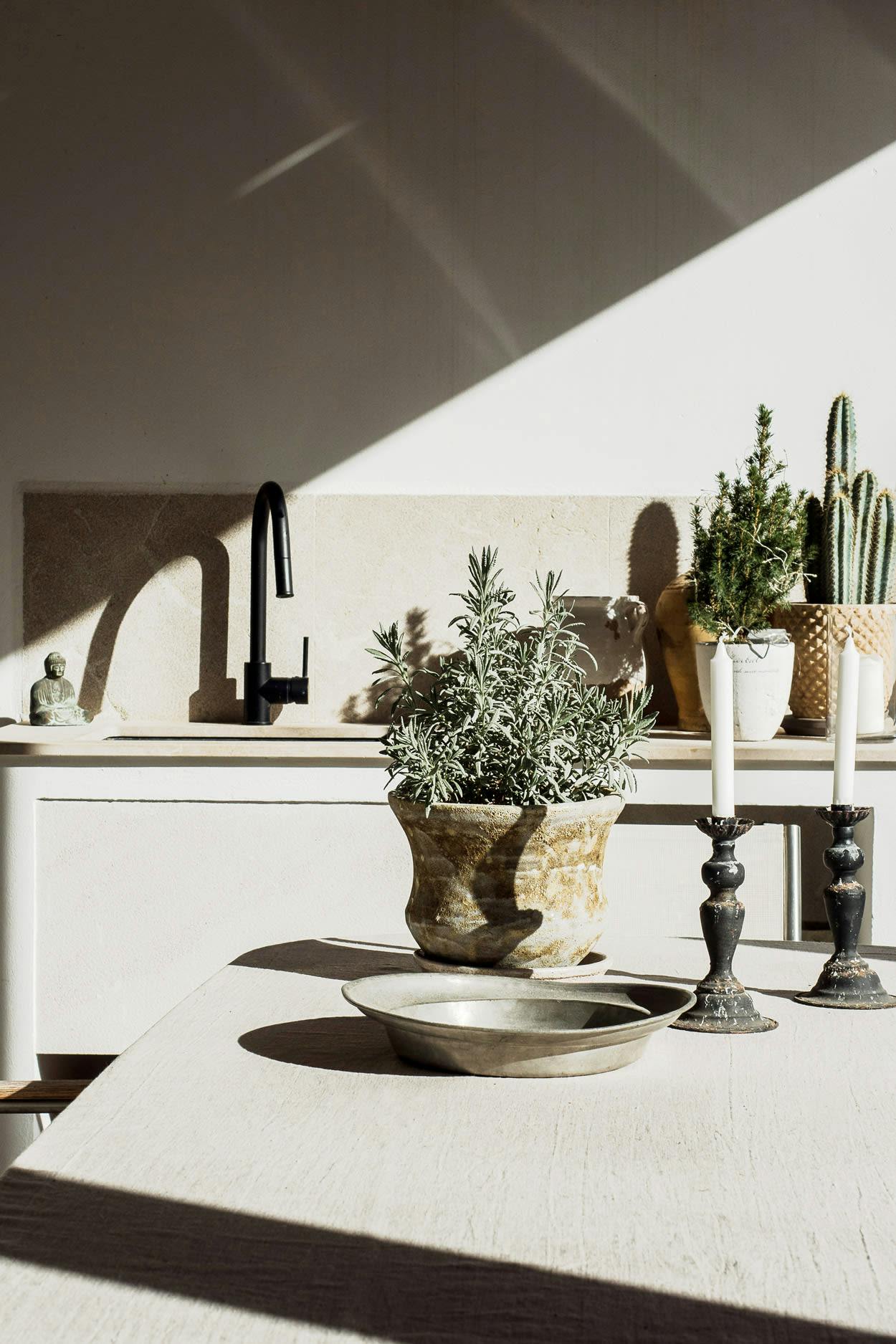 The image features a kitchen counter with a white countertop, a potted plant, a vase, and a bowl.